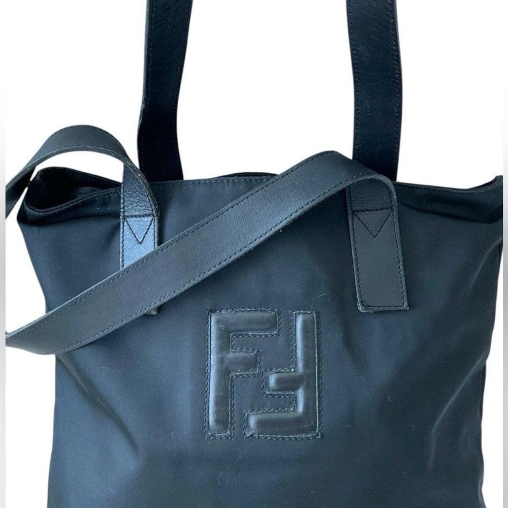 FENDI Shoulder Bag Black Tote Bag Nylon Leather Logo Ties - Picture 3 of 14